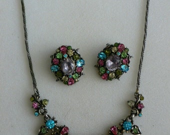 Vintage Hollycraft Pastel Multicolor Rhinestones Necklace & Earrings