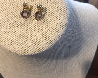 Vintage 14 k gold heart shape amethyst dangling earrings