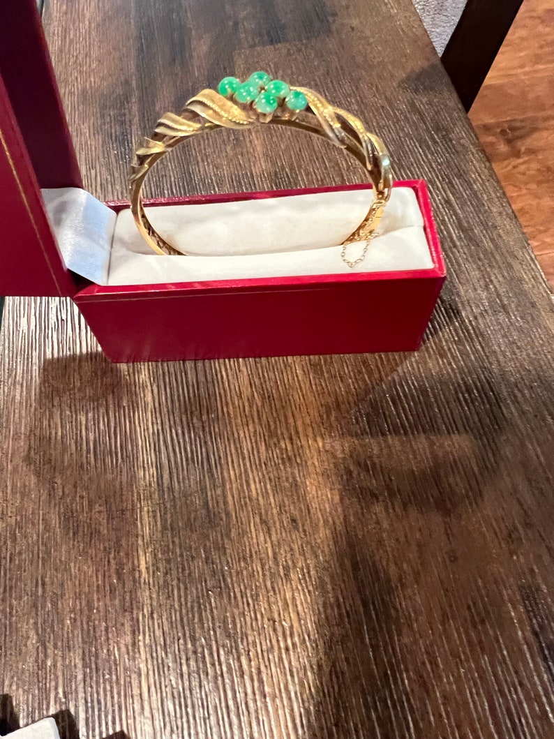 Vintage 14k gold and jade bangle bracelet. image 1