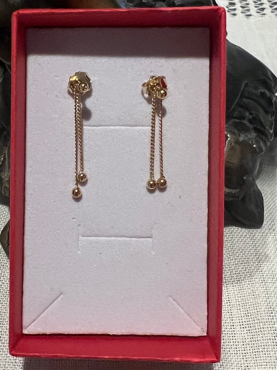 Vintage 14 k gold pierced dangling double chain e… - image 1