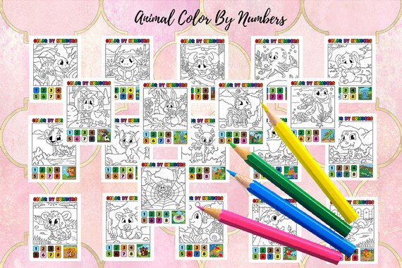 20 Animals Color by Numbers Pages for Kids, Coloring Page for Kids, JPG Coloring  Page 8.5x11 