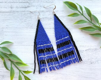 Blue Beaded Earrings Black Statement Earrings Blue Fringe Earrings Purple Seed Bead Earrings Shoulder Duster Earrings Beadwork Earrings