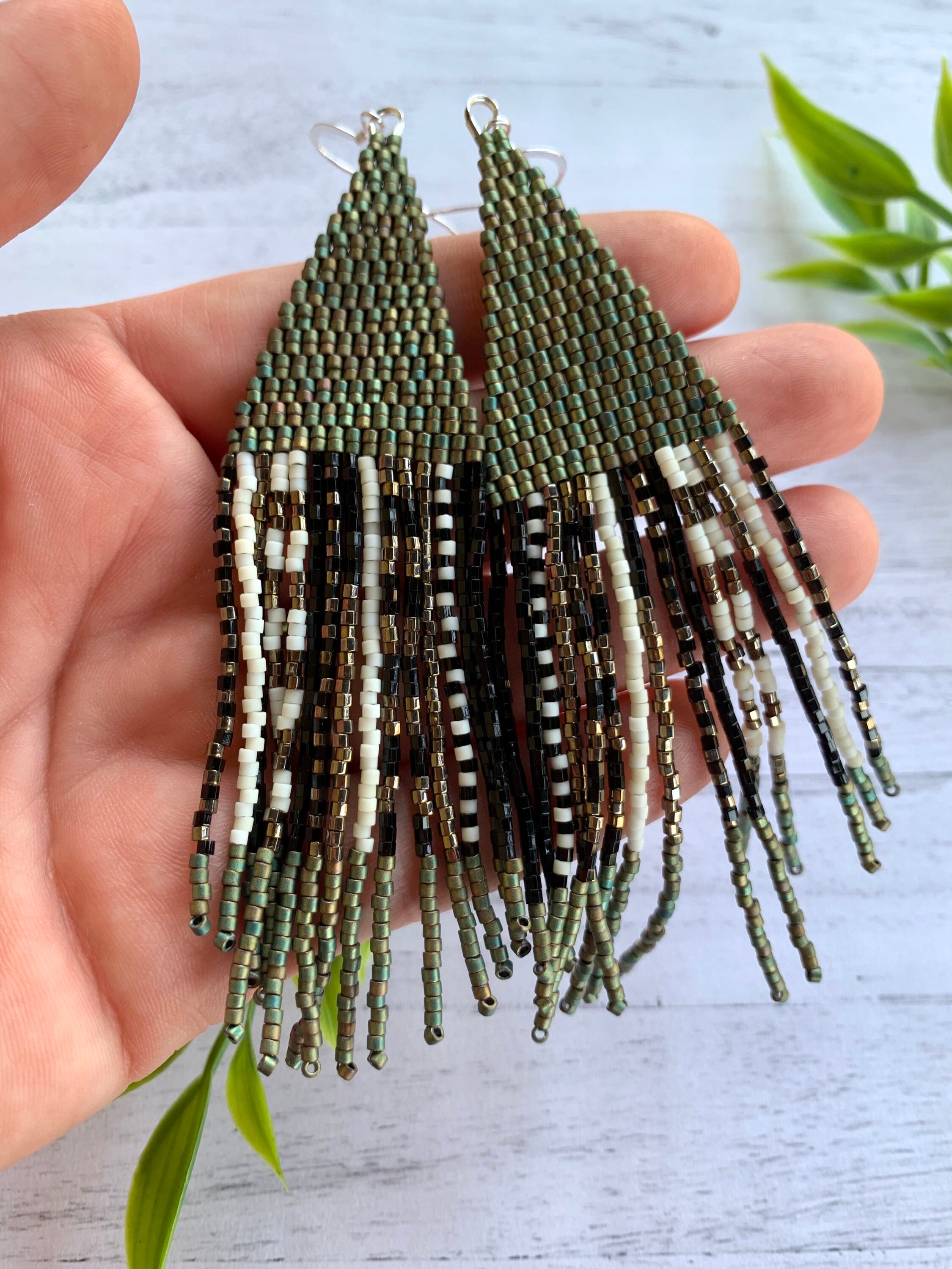 Green Beaded Earrings Bronze Statement Green Fringe Earrings Black Seed ...