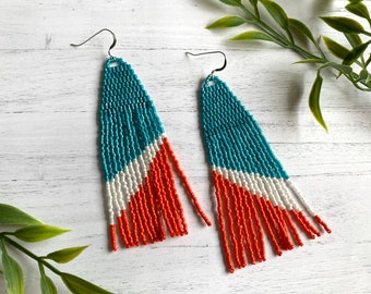 Aqua Beaded Earrings Red Statement Fringe Earrings Patriotic Seed Bead Earrings Red White Blue Shoulder Duster Earrings Beadwork Earrings