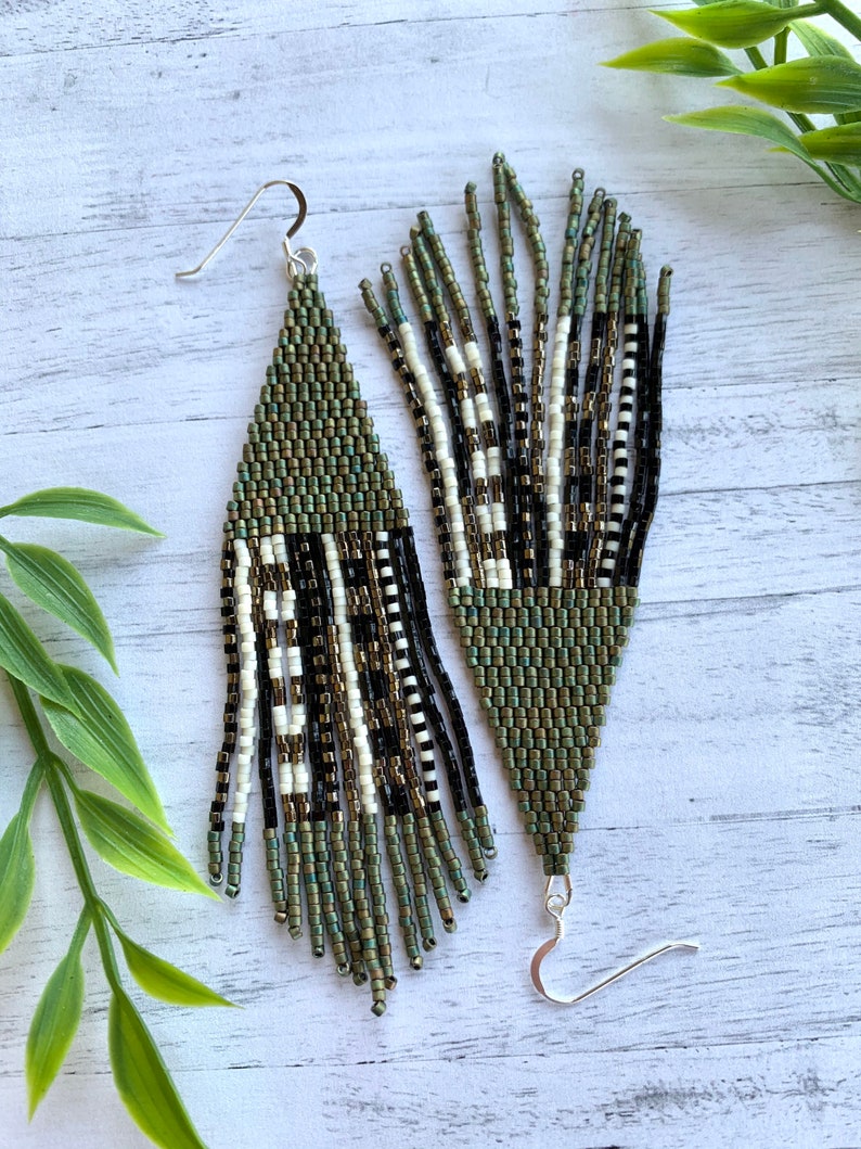 Green Beaded Earrings Bronze Statement Green Fringe Earrings Black Seed ...