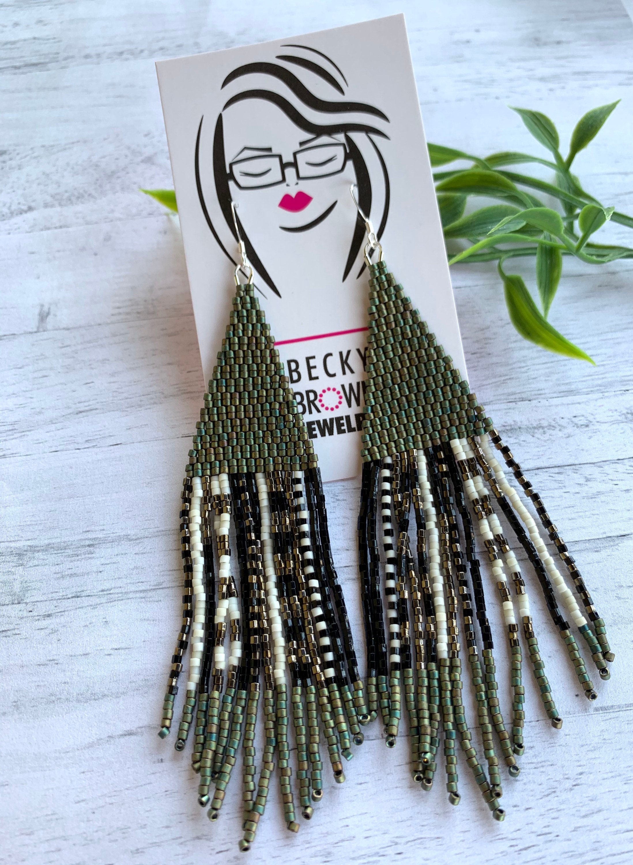 Green Beaded Earrings Bronze Statement Green Fringe Earrings Black Seed ...