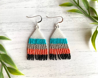 Striped Fringe Earrings Striped Seed Bead Earrings Aqua Earrings Coral Statement Earrings Yellow Bridesmaid Earrings Bohemian Earrings