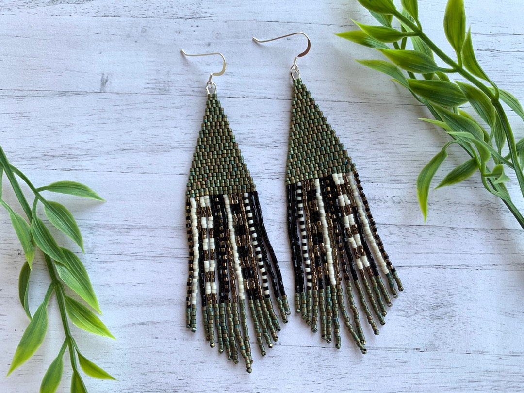 Green Beaded Earrings Bronze Statement Green Fringe Earrings Black Seed ...