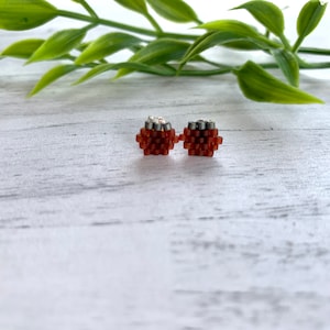Burgundy Earrings Minimalist Stud Earrings Post Earrings Maroon Seed Bead Earrings Tiny Beadwork Earrings Sterling Silver Minimal Earrings