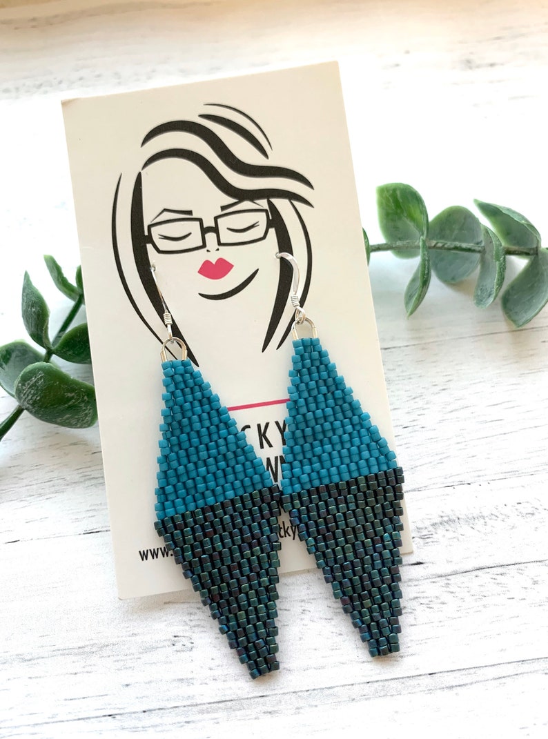Turquoise Diamond Earrings Blue Woven Seed Bead Blue Earrings Teal Earrings Geometric Earrings Iridescent Blue Statement Dangle Earrings