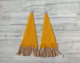 Fringe Earrings Seed Bead Earrings Yellow Gold Earrings Mustard Earrings Shoulder Duster Earrings Sterling Silver Gifts for her