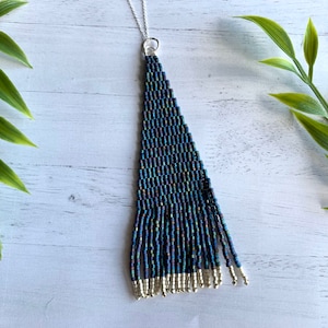 Rainbow Fringe Necklace Seed Bead Pendant Long Necklace Variegated Beaded Jewelry Beadwork Sterling Silver Layering Necklace Charm Necklace