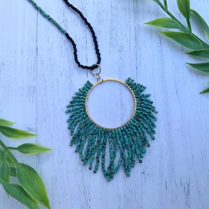 Turquoise Necklace Seed Bead Pendant Long Necklace Teal Beaded Jewelry Beadwork Turquoise Layering Necklace Charm Necklace Beaded Necklace