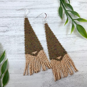 Variegated Brown Fringe Earrings champagne brown Seed Bead Earrings statement earrings beadwork shoulder duster earrings Gift for her