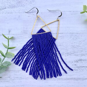 Royal Blue Beaded Fringe Earrings Brass Earrings Blue Seed Bead Earrings Blue Fringe Earrings Gold Hoop Tassel Earrings patriotic earrings image 3