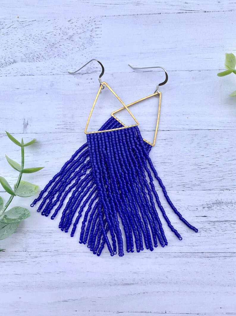 Royal Blue Beaded Fringe Earrings Brass Earrings Blue Seed Bead Earrings Blue Fringe Earrings Gold Hoop Tassel Earrings patriotic earrings image 3