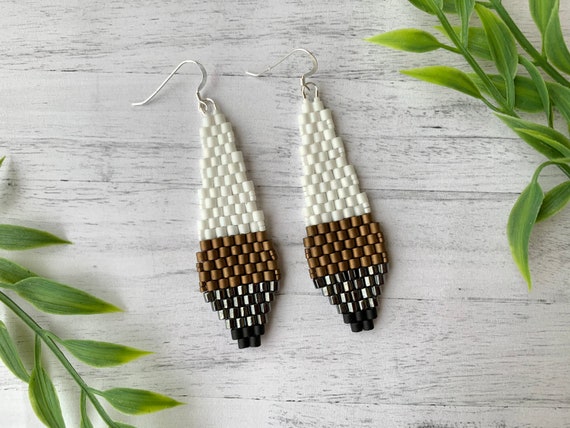 White Seed Bead Statement Earrings Black Striped Beaded Earrings