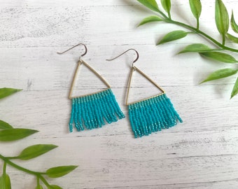 Aqua Raw Brass Beaded Fringe Earrings Teal Seed Bead Earrings Beaded Turquoise Fringe Gold Triangle Hoop Earrings Blue Tassel Earrings