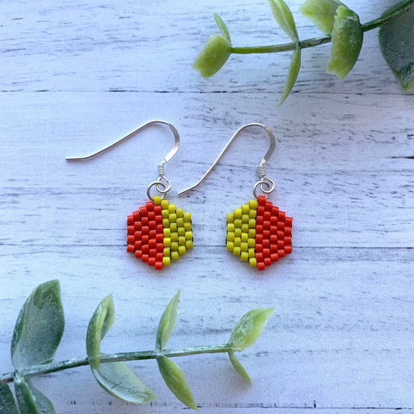 Yellow Earrings Orange Earrings Tiny Seed Bead Earrings Geo Earrings Hexagon Earrings Minimal Earrings Honeycomb Dangle Earrings