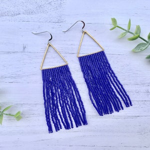 Royal Blue Beaded Fringe Earrings Brass Earrings Blue Seed Bead Earrings Blue Fringe Earrings Gold Hoop Tassel Earrings patriotic earrings image 1