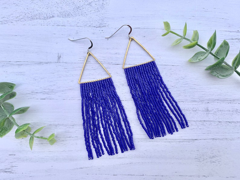 Royal Blue Beaded Fringe Earrings Brass Earrings Blue Seed Bead Earrings Blue Fringe Earrings Gold Hoop Tassel Earrings patriotic earrings image 1