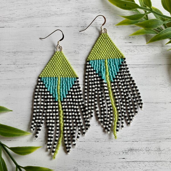 Teal Seed Bead Earrings Green Fringe Earrings Black White Striped Earrings Native Inspired Earrings Seed Bead Jewelry Statement Earrings