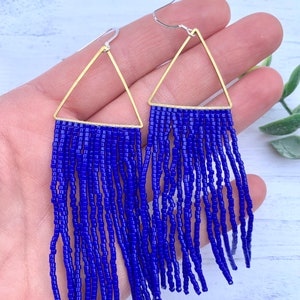 Royal Blue Beaded Fringe Earrings Brass Earrings Blue Seed Bead Earrings Blue Fringe Earrings Gold Hoop Tassel Earrings patriotic earrings image 6