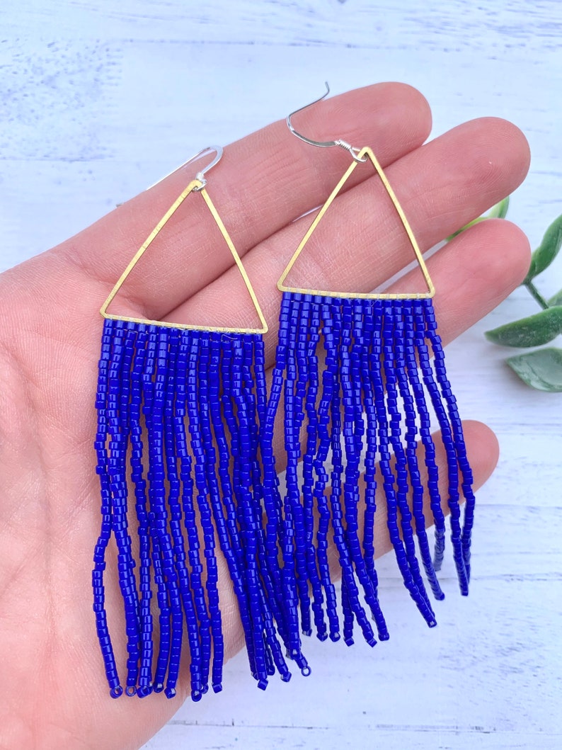 Royal Blue Beaded Fringe Earrings Brass Earrings Blue Seed Bead Earrings Blue Fringe Earrings Gold Hoop Tassel Earrings patriotic earrings image 6