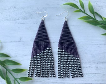 Purple Beaded Earrings Black and White Striped Statement Fringe Earrings Black Seed Bead Earrings Shoulder Duster Earrings Beadwork Earrings