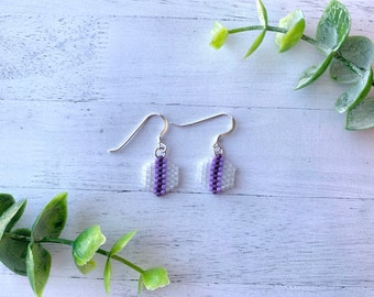 Purple Earrings Striped Earrings Crystal Seed Bead Earrings Geo Earrings Hexagon Ombré Earrings Minimal Earrings Honeycomb Dangle Earrings