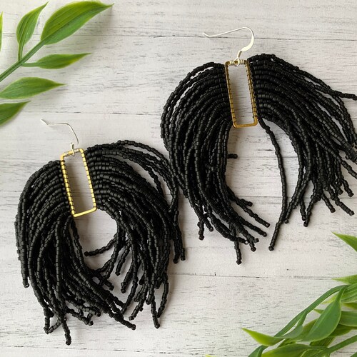 Black Beaded shops Earrings Black Statement Earrings Black Fringe Earrings Black Seed Bead Earrings Shoulder Duster Earrings Beadwork Earrings