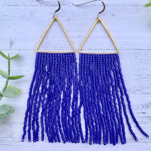 Royal Blue Beaded Fringe Earrings Brass Earrings Blue Seed Bead Earrings Blue Fringe Earrings Gold Hoop Tassel Earrings patriotic earrings image 2