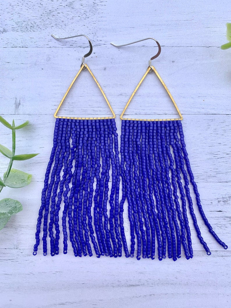 Royal Blue Beaded Fringe Earrings Brass Earrings Blue Seed Bead Earrings Blue Fringe Earrings Gold Hoop Tassel Earrings patriotic earrings image 2