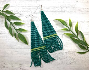 Kelly Green Fringe Earrings Seed Bead Earrings Lime Green Earrings statement earrings beadwork emerald shoulder duster earrings Gift for her