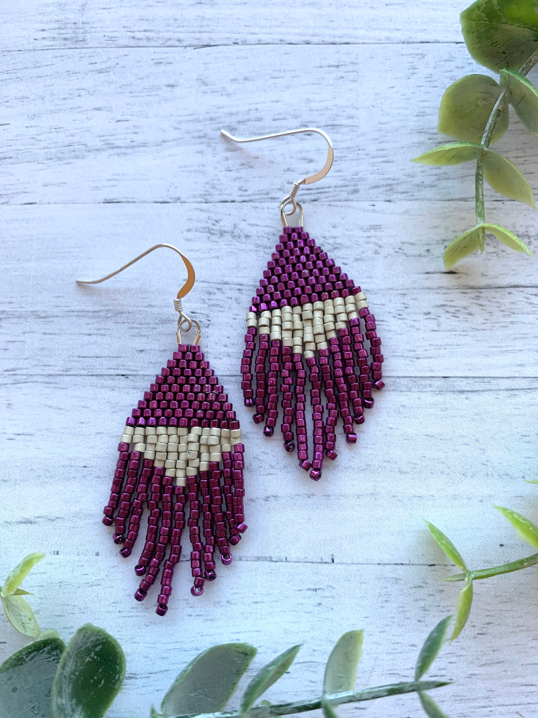 Fuchsia Fringe Earrings Seed Bead Earrings Pink Earrings Purple