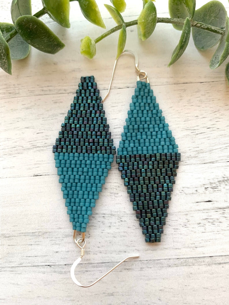 Turquoise Diamond Earrings Blue Woven Seed Bead Blue Earrings Teal Earrings Geometric Earrings Iridescent Blue Statement Dangle Earrings