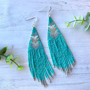Aqua Beaded Earrings Blue Statement Earrings Sky Blue Fringe Earrings Turquoise Seed Bead Earrings Shoulder Duster Earrings Beadwork Earring