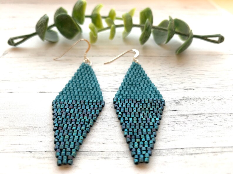 Turquoise Diamond Earrings Blue Woven Seed Bead Blue Earrings Teal Earrings Geometric Earrings Iridescent Blue Statement Dangle Earrings