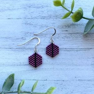 Purple Earrings Black Earrings Tiny Seed Bead Earrings Geo Earrings Striped Hexagon Earrings Minimal Earrings Honeycomb Dangle Earrings