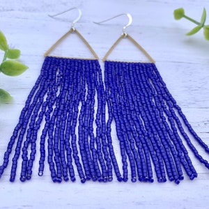 Royal Blue Beaded Fringe Earrings Brass Earrings Blue Seed Bead Earrings Blue Fringe Earrings Gold Hoop Tassel Earrings patriotic earrings image 4