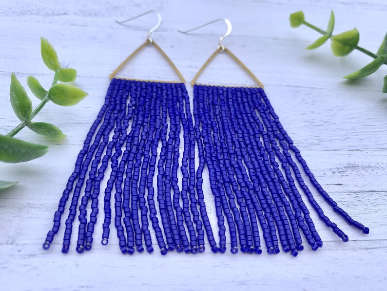 Royal Blue Beaded Fringe Earrings Brass Earrings Blue Seed Bead Earrings Blue Fringe Earrings Gold Hoop Tassel Earrings patriotic earrings image 4