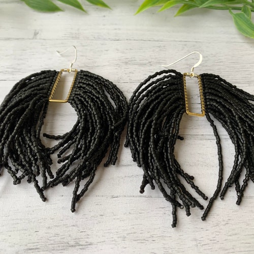 Black Beaded shops Earrings Black Statement Earrings Black Fringe Earrings Black Seed Bead Earrings Shoulder Duster Earrings Beadwork Earrings