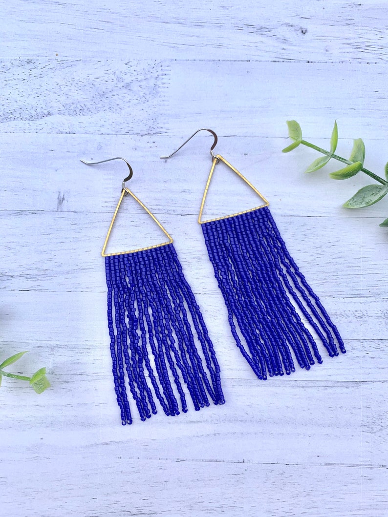 Royal Blue Beaded Fringe Earrings Brass Earrings Blue Seed Bead Earrings Blue Fringe Earrings Gold Hoop Tassel Earrings patriotic earrings image 5