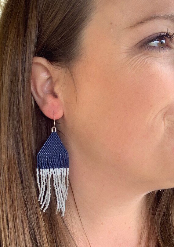 Navy blue fringe earrings sale