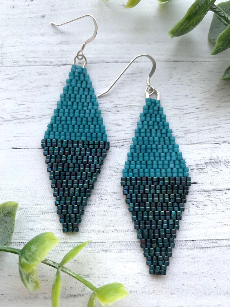 Turquoise Diamond Earrings Blue Woven Seed Bead Blue Earrings Teal Earrings Geometric Earrings Iridescent Blue Statement Dangle Earrings