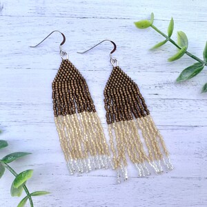 Ivory Fringe Earrings Bronze Seed Bead Earrings Ivory Beaded Earrings Brown Statement Earrings Neutral Earrings Bohemian Earrings
