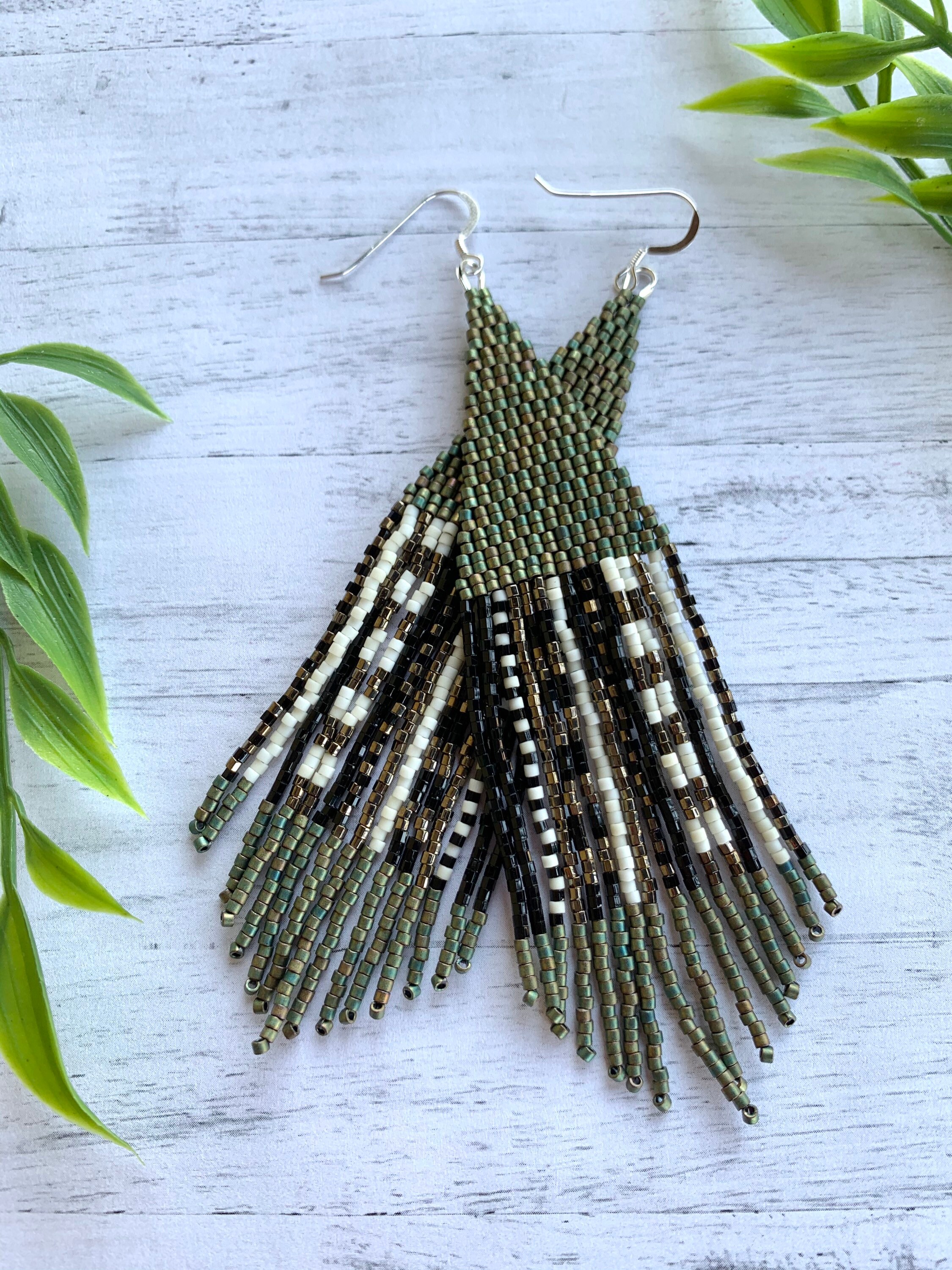 Green Beaded Earrings Bronze Statement Green Fringe Earrings Black Seed ...
