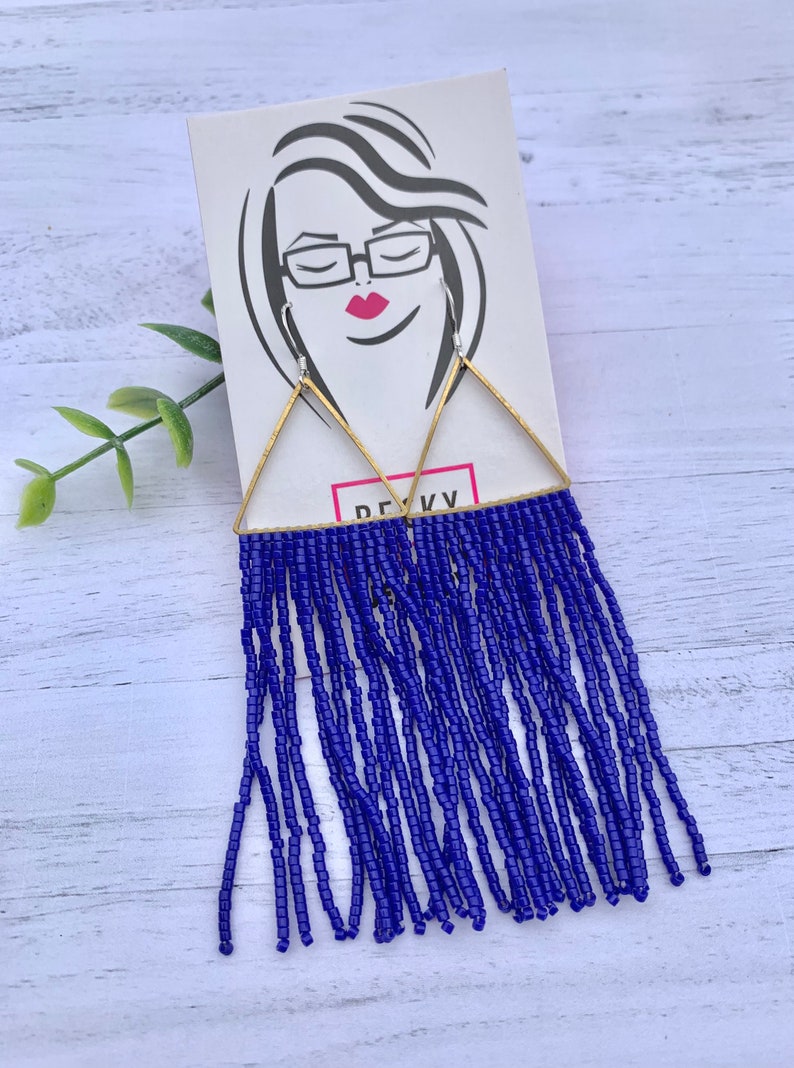 Royal Blue Beaded Fringe Earrings Brass Earrings Blue Seed Bead Earrings Blue Fringe Earrings Gold Hoop Tassel Earrings patriotic earrings image 7