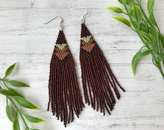 Brown Beaded Earrings Copper Statement Earrings Bronze Fringe Earrings warm Seed Bead Earrings Shoulder Duster Earrings Beadwork Earrings