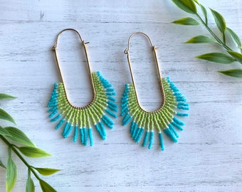 Aqua Raw Brass Beaded Earrings Green Beaded Hoop Fringe Earrings Seed Bead Earrings Geometric Fringe Gold Hoop Blue Tassel Earrings